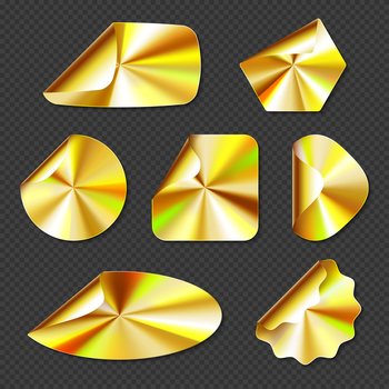 Holographic golden stickers, labels with gold gradient texture isolated on transparent background. Vector realistic set of blank hologram emblems different shapes with curved corners. Holographic golden stickers, hologram labels