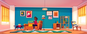 Woman with smartphone sitting on sofa at home. African american girl with mobile phone in hand relaxing on couch reading electronics book or messaging in social networks Cartoon vector illustration. Woman with smartphone sitting on sofa at home