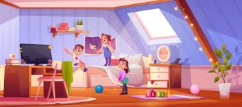 Kids playing in attic room, children in home interior with pc on desk, bed, toys on floor, nightstand with cosmetics and mirror, brother with sisters or friends indoor game Cartoon vector illustration. Kids playing in attic room, children at home.