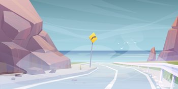 Car road to sea beach in fog. Vector cartoon landscape of ocean shore, mountains and highway with sign at cold misty weather. Summer seascape with road and rocks on coast. Vector landscape with road to sea beach in fog