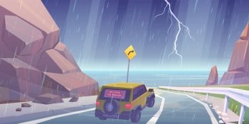 Car driving on road to sea beach in rain. Vector cartoon landscape of ocean shore, mountains and highway with SUV. Seascape with storm, lightning in sky, road and rocks on coast. Car driving on road to sea beach in rain