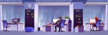 People work in modern office with rain outside window. Business workplace, open space room interior. Vector cartoon illustration of cabinet with office furniture, computers and employees. People work in office with rain outside window