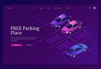 Free parking place banner. Car park zone with free empty lots. Vector landing page of public allowed area for vehicles with isometric illustration of cars and road marks. Vector landing page of free parking place