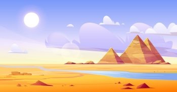 Egyptian desert with river and pyramids. Vector cartoon illustration of landscape with yellow sand dunes, blue water of Nile, ancient tombs of Egypt pharaoh, hot sun and clouds in sky. Egyptian desert with river and ancient pyramids