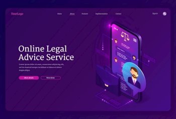 Online legal advice service banner. Assistance of lawyer for regulation legal issues for compliance to rules. Vector landing page of advocate services with isometric smartphone with chat and briefcase. Online legal advice service banner