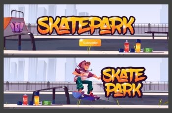 Skate park banners with boy riding on skateboard. Vector cartoon illustration of skatepark with ramps, graffiti on wall, aerosols and teenager jump on track. Playground for extreme sport activity. Skate park banners with boy riding on skateboard
