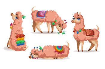 Llama, Peru alpaca animal cartoon set. Lama Mexican character, mascot with cute face wear tassels on ears and blanket different poses sitting, sleeping, grazing and stand isolated on white background. Llama, Peru alpaca animal cartoon set. Cute lama