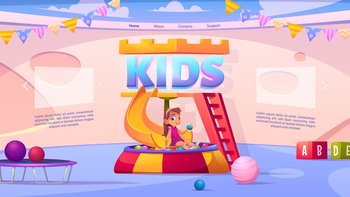 Kids playroom cartoon landing page, little girl playing in dry pool with balls and slides in special zone for children with toys, trampoline and balls in cozy interior with garlands, vector web banner. Kids playroom cartoon landing page, girl playing