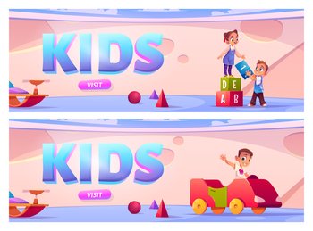 Children on playground in kindergarten. Vector banners with cartoon kids in montessori preschool with toys, car and swing. Boy and girl plays with cubes in daycare center. Banners with kids on playground in kindergarten