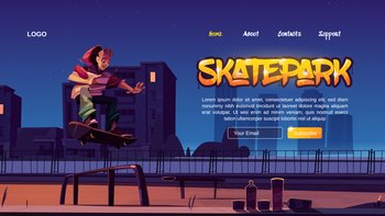Skatepark cartoon landing page with teenager in night skate park rollerdrome perform skateboard jumping stunt. Extreme sport, graffiti, youth urban culture and teen street activity vector web banner. Skatepark cartoon landing, teen at rollerdrome