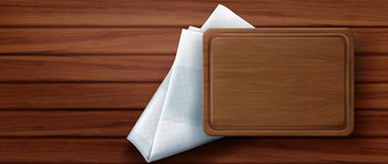 Wooden cutting board stand on kitchen napkin and wood table surface top view. Rectangular empty tray on folded white tablecloth, eco friendly utensil of natural material realistic 3d vector background. Wooden cutting board on napkin and wood table