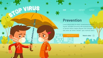 Stop virus banner. Coronavirus protection, infection disease prevention, quarantine and health safety concept. Vector website with cartoon kids in face masks with umbrella protect from covid 19. Stop virus, coronavirus infection prevention