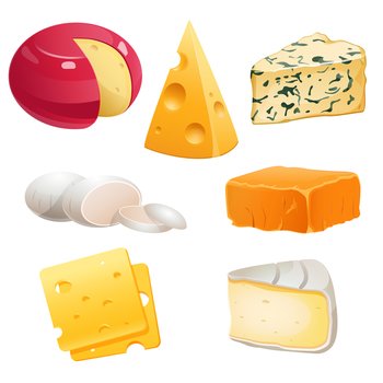 Set of cheese types roquefort, brie and maasdam, mozzarella, gouda or parmesan. Dairy production, farm natural food whole and pieces isolated on white background Cartoon vector illustration, icons set. Set of cheese types roquefort, brie and maasdam