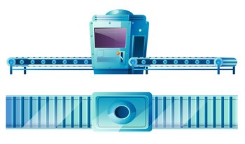 Conveyor belt at factory, plant or warehouse in front and top view. Vector cartoon illustration of blue automated machine in mass production line isolated on white background. Conveyor belt at factory in front and top view
