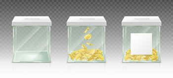 Glass money box for tips, savings or donations isolated on transparent background. Vector realistic set of 3d clear acrylic jar with gold coins and white blank label for pension fund, charity donate. Glass money box for tips, savings or donations