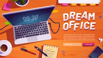Dream office website with top view of workspace with laptop, stationery and plant on wooden table. Vector landing page with cartoon workplace with computer, mobile phone, note book and pens on desk. Dream office website with workspace with laptop