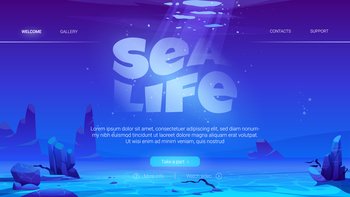 Sea life cartoon landing page with ocean underwater background. Empty sandy bottom with rocks and air bubbles floating at sunlight beam falling from above. Marine undersea area vector web banner. Sea life cartoon web page with ocean underwater