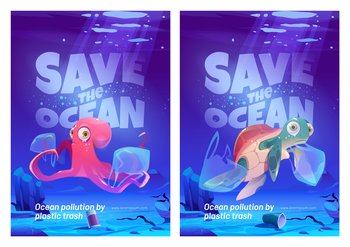 Save ocean cartoon posters with underwater animals and trash in sea. Water pollution with plastic ecological problem. Unhappy octopus and turtle on dirty polluted bottom covered with garbage, vector. Save ocean cartoon posters with underwater animals