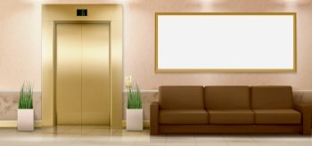 Lobby interior with gold lift doors, couch and empty banner, hall with closed elevator, couch and potted plants on tiled floor. Office or hotel luxury indoor area, Realistic 3d vector Illustration. Lobby interior with gold lift, couch and banner