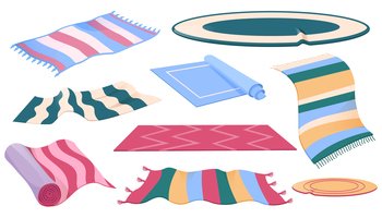 Set of carpets or rugs of different shapes, designs and colors. Floor covering, interior decor, mats with fringed edges, cozy home decoration isolated on white background, Cartoon vector illustration. Set of carpets or rugs of different shapes, colors