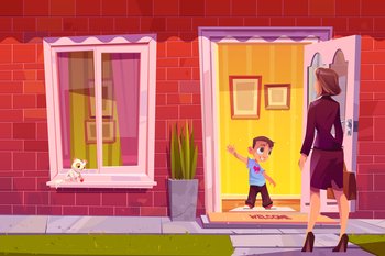 Boy greeting mother at house door. Woman coming home from work to child. Vector cartoon illustration of son welcomes mom, smiles and waving hand at entrance to brick residential building. Boy greeting mother at house door