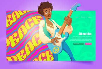 Hippie peace music cartoon landing page, hippy black man playing guitar, singing song. Culture of sixties, retro style performance or disco party with flowerchild guitarist musician, Vector web banner. Hippie peace music cartoon landing page, musician