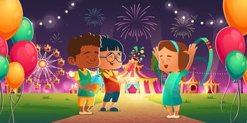 Kids in amusement park with circus, ferris wheel and roller coaster. Cheerful children friends visit night funfair with fireworks and balloons, carnival weekend entertainment, Cartoon illustration. Kids in amusement park with circus, ferris wheel