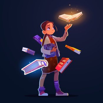 Girl with flying books with magic glow and sparkles. Vector cartoon fantasy illustration of happy child character and books with mystic shine isolated on dark background. Girl with flying books with magic glow