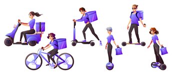 Delivery service workers riding electric transport bicycle, scooter, hoverboard and monowheel. Men and women couriers in uniform shipping food, goods and parcels, Cartoon vector illustration, set. Delivery service workers riding electric transport