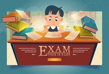 Schoolboy pass exam cartoon web banner. Boy solve test filling paper form at school examination. Kid sitting at desk with textbooks piles around. Student studying or learning, Vector illustration. Schoolboy pass exam cartoon banner, Boy solve test