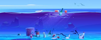 Pollution ocean by plastic trash and litter. Vector cartoon illustration of sea with floating cups, bottles and garbage in water and on bottom. Polluted ocean landscape with debris and toxic waste. Pollution ocean by plastic trash and waste