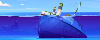 Wreck ship, sunken steamboat with pipes lying on ocean sandy bottom, broken vessel covered with green seaweeds stick up above water surface. Navy scene, pc game background, Cartoon vector illustration. Wreck ship, sunken steamboat with pipes on bottom