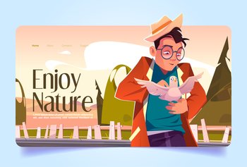 Enjoy nature banner with man caress white dove. Vector landing page with cartoon illustration of character in hat and glasses holding pigeon on hand in countryside. Vector banner with man caress white dove