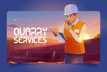 Quarry services banner with man in helmet working in opencast mine. Vector landing page of mining industry with cartoon illustration of engineer works in quarry. Quarry services banner with man in helmet