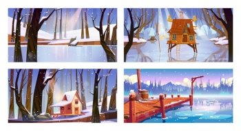 Set of winter landscape backgrounds with wooden houses, frozen swamp, forest lake and pier. Shack on piles in deep wood, witch hut, computer game wintertime natural scenes, Cartoon vector illustration. Set of winter landscape backgrounds with houses
