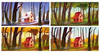 Wooden house in forest at different seasons. Vector set of cartoon illustration of winter, spring, summer and autumn landscape of woods with forester shack and trees. Wooden house in forest at different seasons