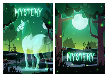 Mystery or horror cartoon posters, horse soul in night forest under full moon, mystical equine with glow body in wood, nature totemic animal walk among trees landscape, majestic vector illustration. Mystery or horror cartoon posters with horse soul