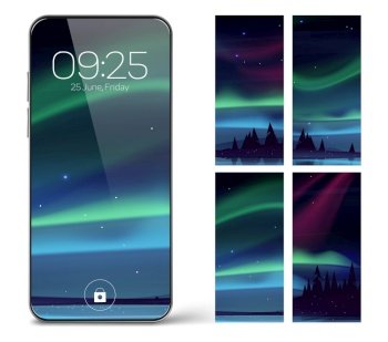 Smartphone lock screen with aurora borealis. Mobile phone onboard page with date and time, northern lights wallpapers background for cellphone device, Cartoon user interface design set. Smartphone lock screen with aurora borealis