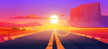 Road in desert sunset scenery landscape with rocks and dry ground. Straight empty highway in Arizona Grand Canyon, asphalted way disappear into the distance with dusk sun. Cartoon vector illustration. Road in desert sunset scenery landscape with rocks