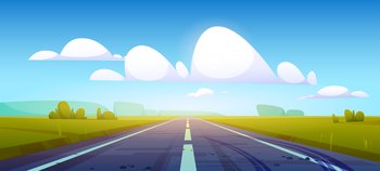 Car road in fields with green grass and forest on horizon. Vector cartoon illustration of summer countryside landscape with meadows, clouds in blue sky and highway with tire tracks on asphalt. Summer landscape with car road and fields