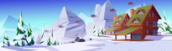 Winter mountain landscape with houses or chalet and funicular. Ski resort settlement with cableway over spruce trees and snowy peaks. Wintertime holidays vacation cottages, Cartoon vector illustration. Winter mountain landscape with chalet or funicular