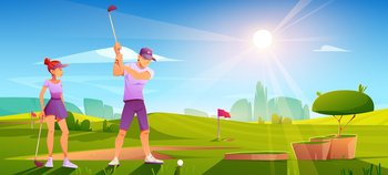 Golfers playing golf on green field hitting ball with club on nature course landscape background with red flag, sand bunker and trees under blue sunny sky. Sport tournament cartoon vector illustration. Golfers playing golf on green field hitting ball
