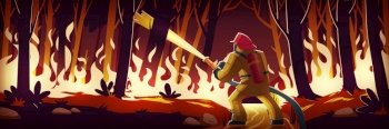 Fireman fight with fire in forest, man extinguish burning wildfire at night wood with raging flames. Wild nature catastrophe, disaster, blazing trees landscape. Ecological hazard Cartoon vector scene. Fireman fight with fire in forest, catastrophe