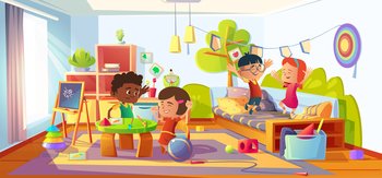 Kids playing in room, children in home, kindergarten, nursery or day care center interior jumping on bed, play boardgames or toys. Multiracial babies friends indoor games, Cartoon vector illustration. Kids playing in room, children in home or nursery