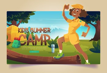 Kids summer camp cartoon landing page, cheerful counselor in boyscout uniform at hike forest camping with tent, vacuum flask and backpack. Summertime vacation, hiking activity, Vector web banner. Kids summer camp cartoon landing with counselor
