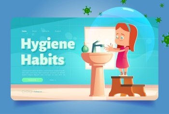 Hygiene habits banner with girl washing hands in sink with flying bacterias around. Vector landing page of prevention flu and health care with cartoon illustration of child wash hands with soap. Hygiene habits banner with girl washing hands