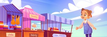 Little girl at outdoor fair with market stalls and booths with striped awning. Child characters at kiosks with clothes, bakery and dairy production, vendor street counters, cartoon vector illustration. Little girl at outdoor fair with market stalls