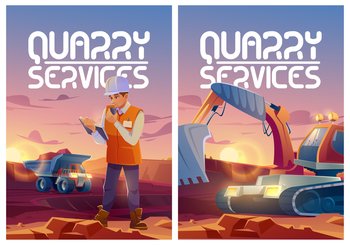 Quarry services posters with man in helmet, dumper and excavator in opencast mine. Vector banners of mining industry with cartoon illustration of engineer and machines working in quarry. Quarry services posters with dumper and excavator