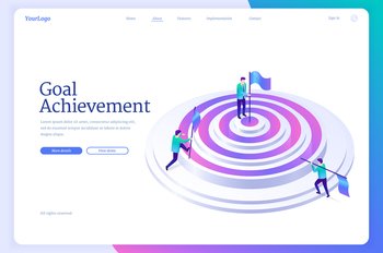 Goal achievement banner. Concept of work strategy for achieve objectives and purpose performance. Vector landing page with isometric illustration of people with flags on circle target. Vector landing page of goal achievement
