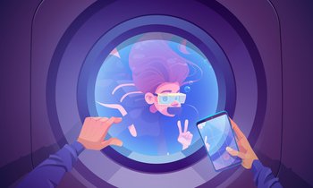 Underwater travel, woman diver wear mask, tube and oxygen balloon look inside of submarine porthole with human hands hold smartphone with navigation or area location pin, Cartoon vector illustration. Underwater travel, diver look inside of porthole
